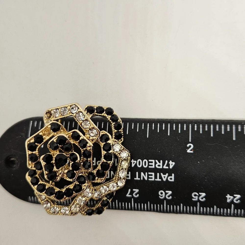 Flower Brooch Pin Rose Black Clear Rhinestones Crystals Open Work Multilayer